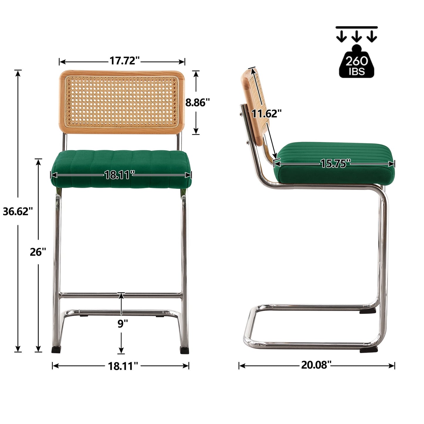 26in Rattan Bar Stools, Set of 2, Rattan Counter Height Velvet Armless Bar Stools with Cane Back for Home Office Kitchen Island