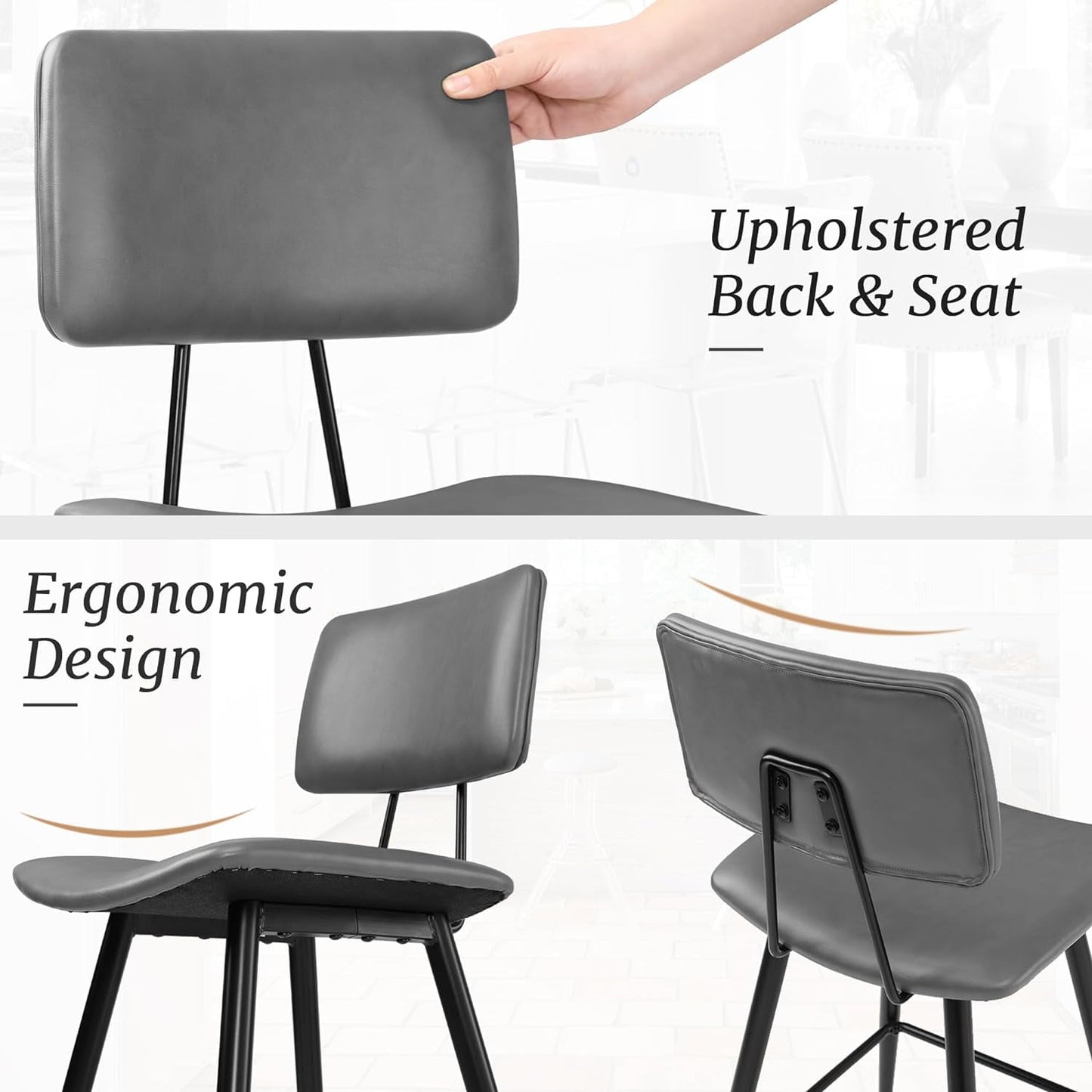 Dycanpo 24.5in Counter Height Bar Stools Set of 2, Faux Leather Upholstered Barstools, Gray