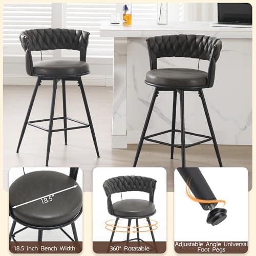 26 inch Bar Stool Set of 2, 360?? Swivel Counter Barstool with Backrest, Upholstered Hand-Woven Barstool, Modern Bar Chair with Footrest ,Black gray
