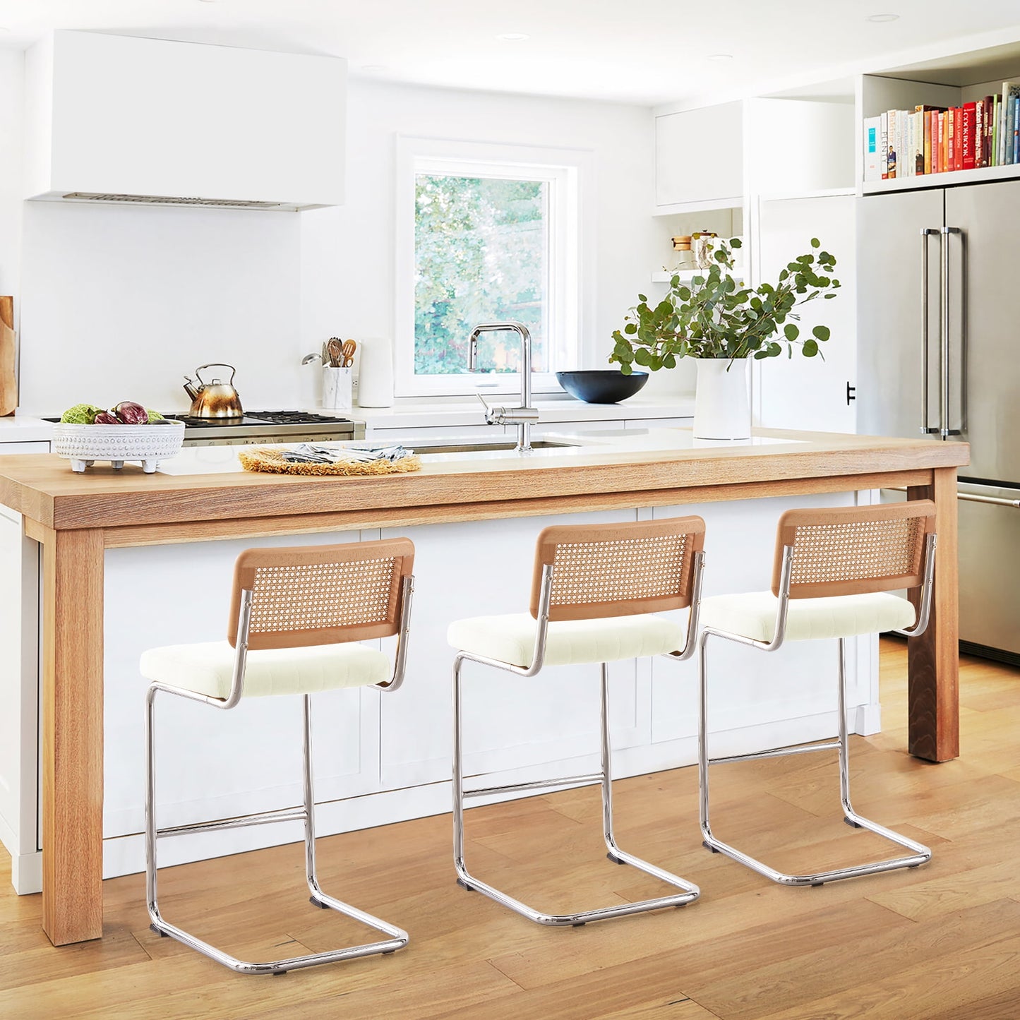 26in Rattan Bar Stools, Set of 2, Rattan Counter Height Velvet Armless Bar Stools with Cane Back for Home Office Kitchen Island