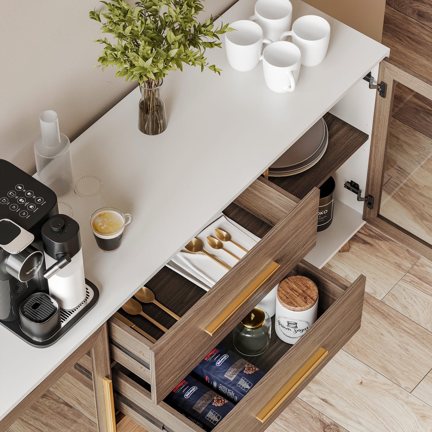 BELLEZE Modern Sideboard, Sideboard Buffet Cabinet with 3 Drawers & 2 Doors, Accent Cabinet for Dining Room, Hallway, Bedroom, or Kitchen - Troy (Brown)