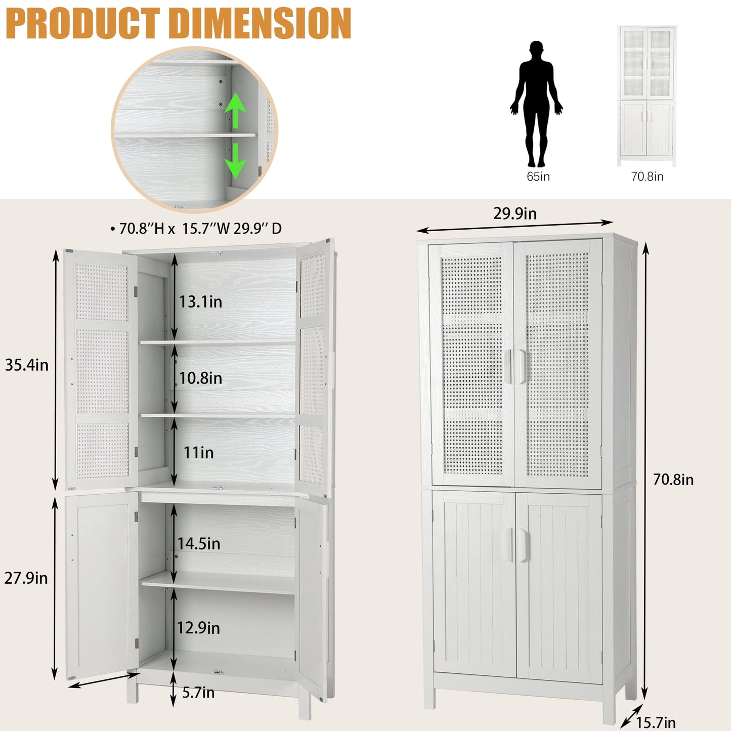 CATMIX 30in x 70in Home White Kitchen Food Storage Cabinet with Adjustable Shelves