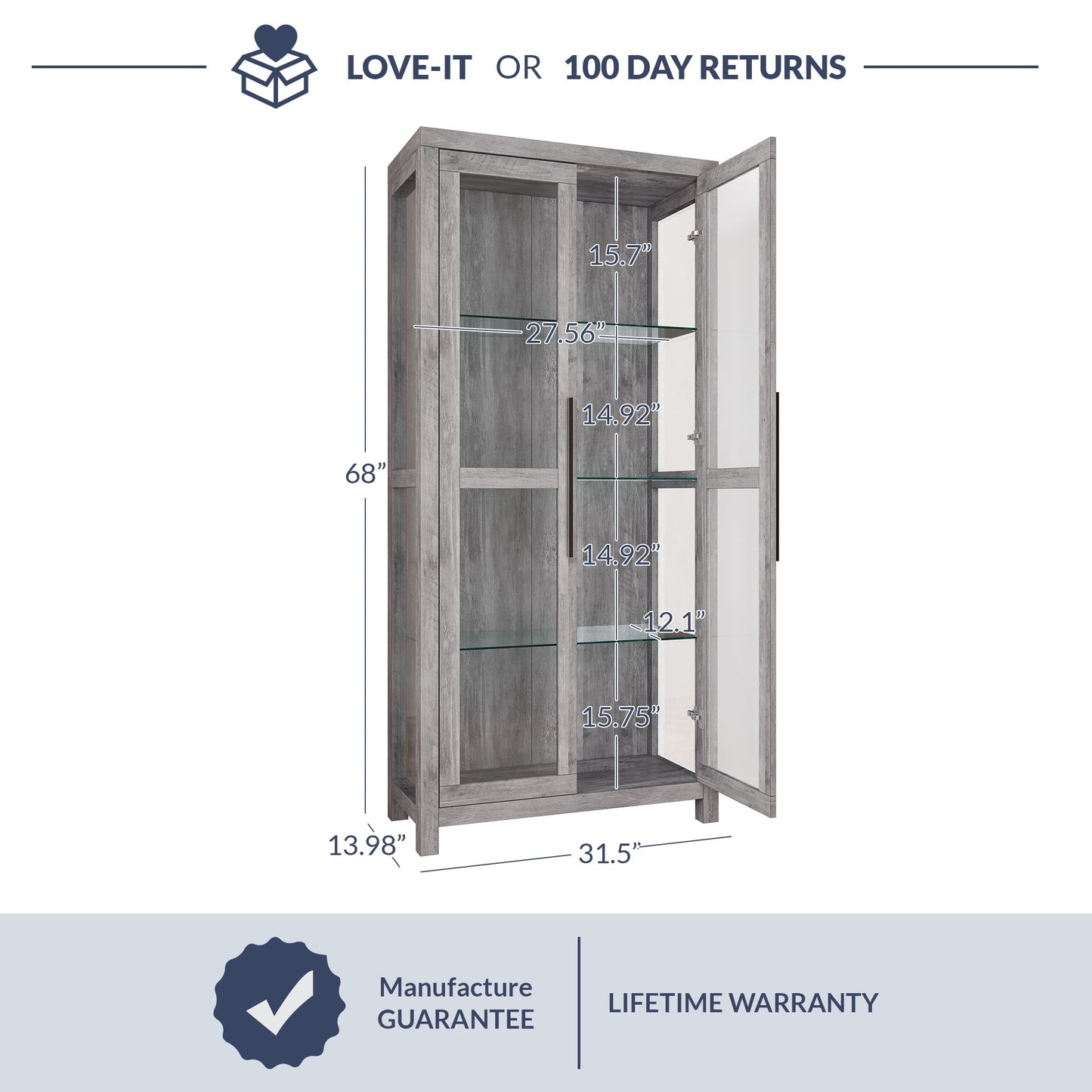 BELLEZE Modern Wooden Curio Cabinet with Adjustable Shelves (Gray Wash)