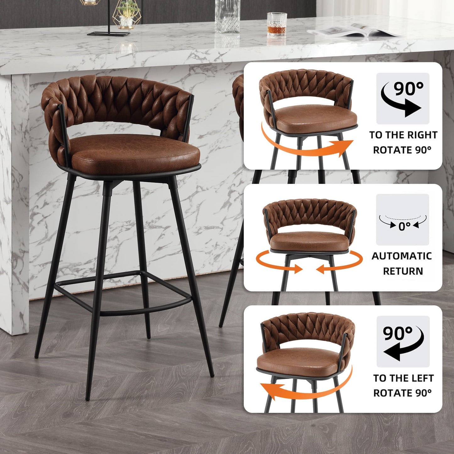26in Bar Stool Set of 2, Modern Counter Height Barstools with Woven Back and Footrest, 180?? Swivel Suede Fabric Stool Chairs for Kitchen Island, Cafe, Pub, Brown