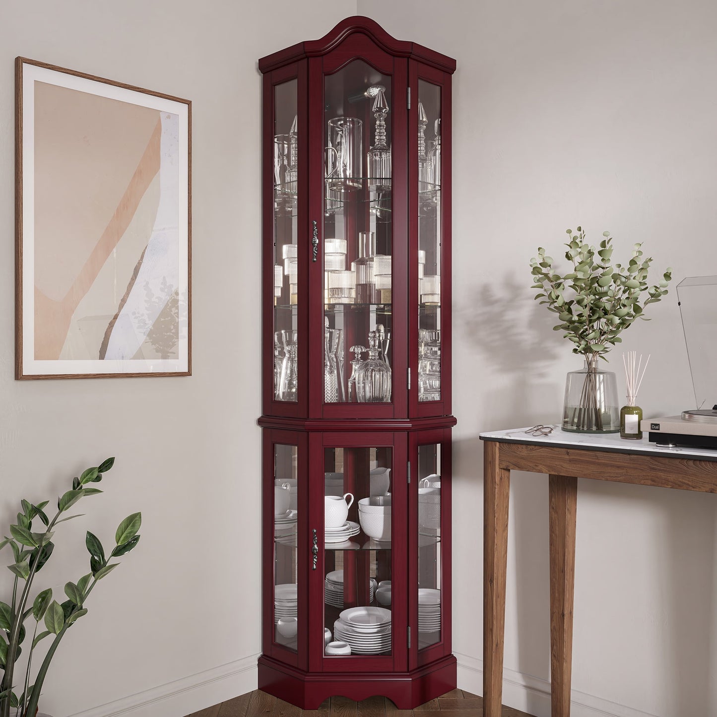 BELLEZE Loraine Canted Front Lighted Corner Curio Cabinet With 5 Tier Shelves, Cherry
