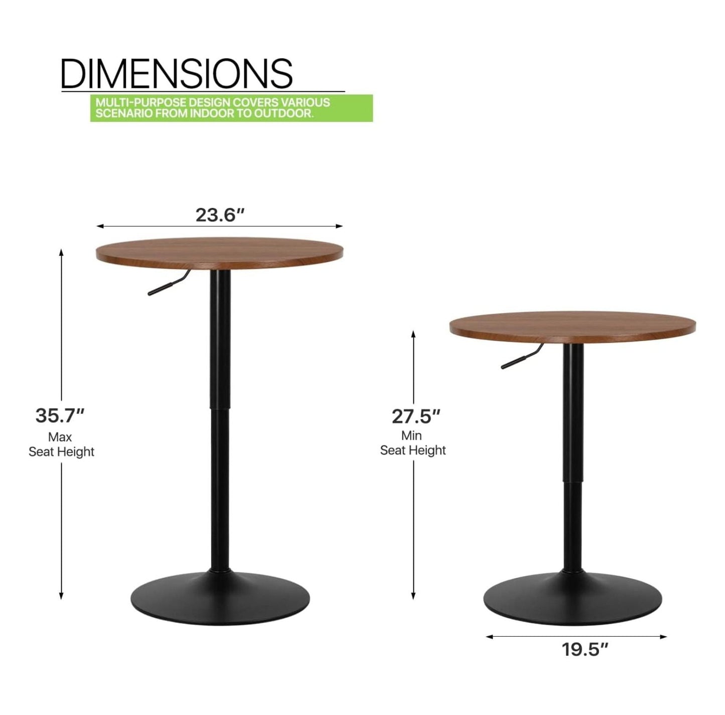 23.5in Round Pub Table, 360 Degree Swivel Cocktail Bar Table with Black Leg, Adjustable Height Range 27.5in -35.7in for Living Room Kitchen (Brown)