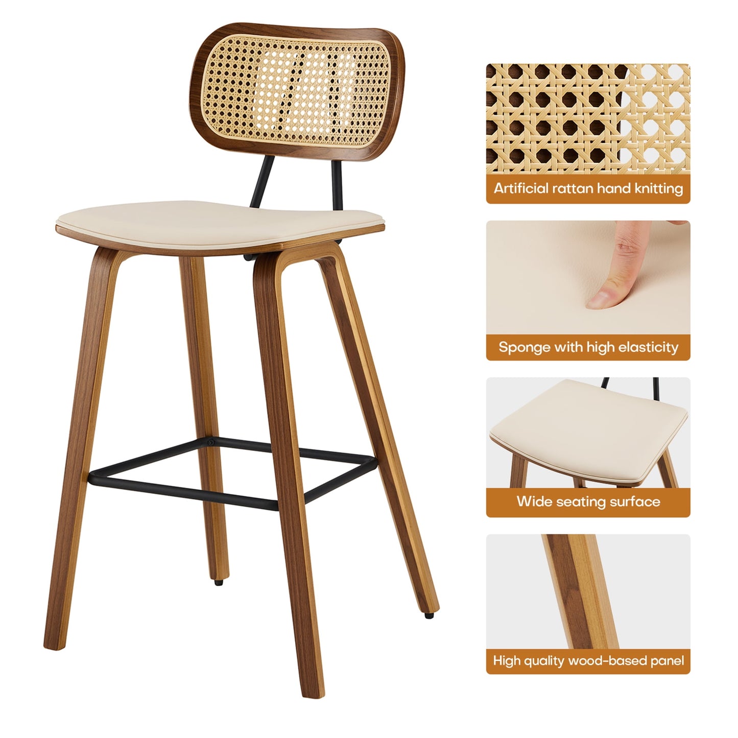 26in Counter Height Bar Stools with Rattan Back, Mid Century Modern Wooden Stool PU Leather Upholstered Bar Chair for Kitchen Island Dining Room, Light Brown