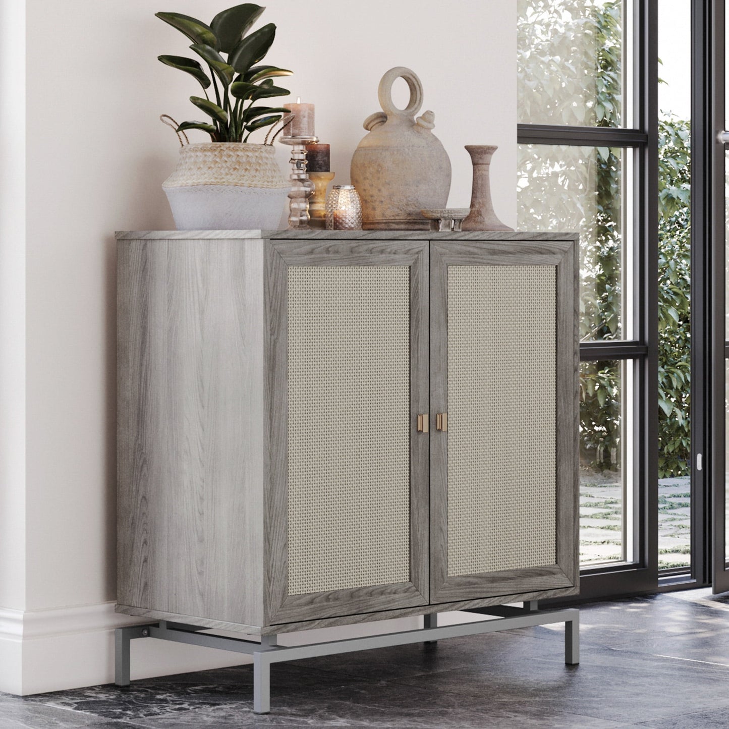 BELLEZE Sideboard Buffet Cabinet with Rattan Decorated Doors, Storage Cabinet with Metal Base and Adjustable Shelves, Credenza for Bedroom, Hallway, Living Room, Office - Liam(Gray)