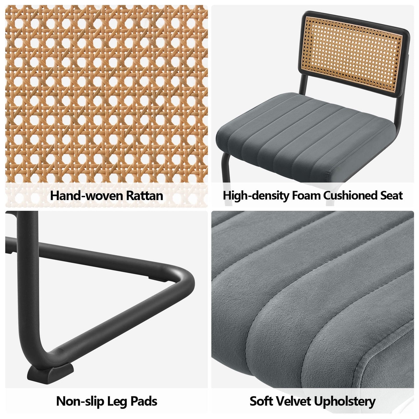 26in Rattan Counter Height Bar Stools, Set of 2, Velvet Armless Bar Stools with Cane Back Mid Century Modern Chair for Home Office Kitchen Island