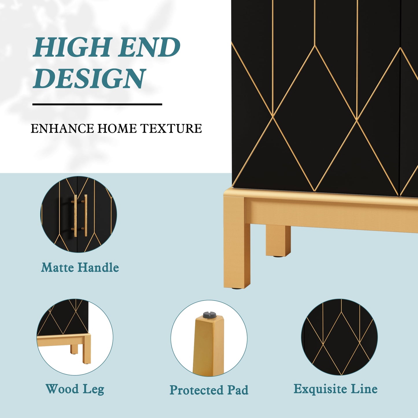 CBJCBJ 45in H Modern Kitchen Pantry Cabinet with 2-Door Adjustable Shelves and Golden Feet, White