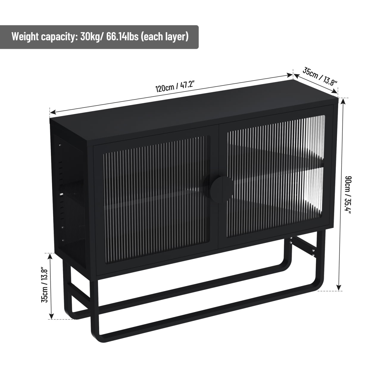 2-Tier Stylish Tempered Glass Cabinet, Fluted Glass Sideboard Buffet Cabinet with 2 Door, Modern Enclosed Cupboard Adjustable Shelf U-shaped Leg for Kitchen Living Room ,Blue