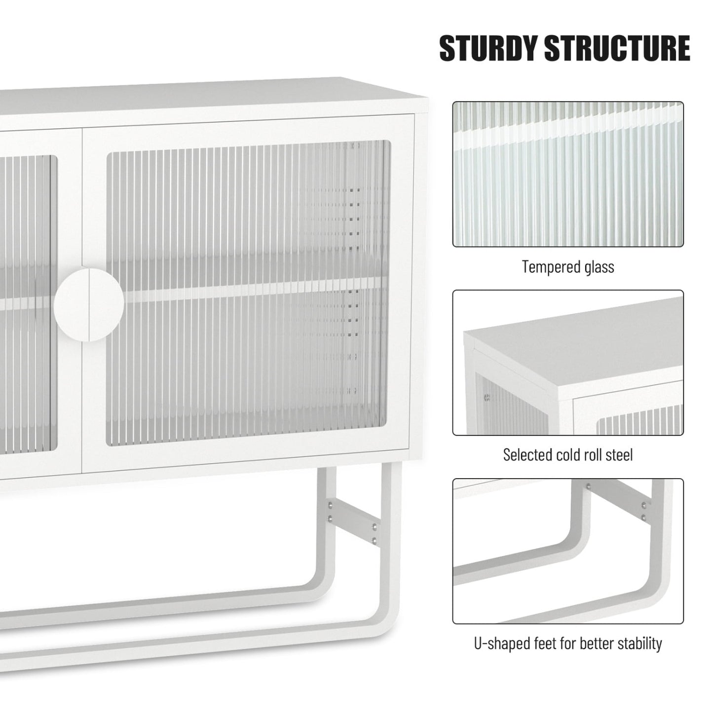 2-Tier Stylish Tempered Glass Cabinet, Fluted Glass Sideboard Buffet Cabinet with 2 Door, Modern Enclosed Cupboard Adjustable Shelf U-shaped Leg for Kitchen Living Room ,Blue