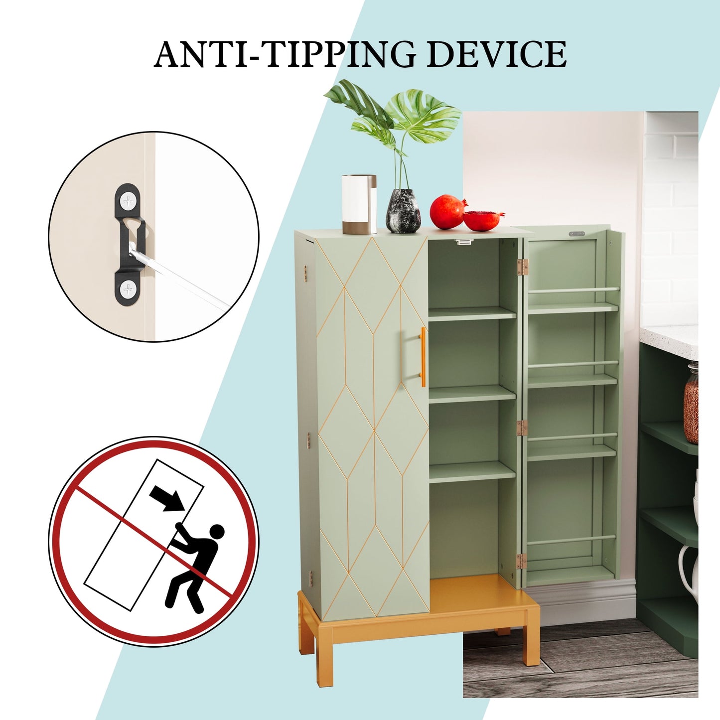 CBJCBJ 45in H Modern Kitchen Pantry Cabinet with 2-Door Adjustable Shelves and Golden Feet, White