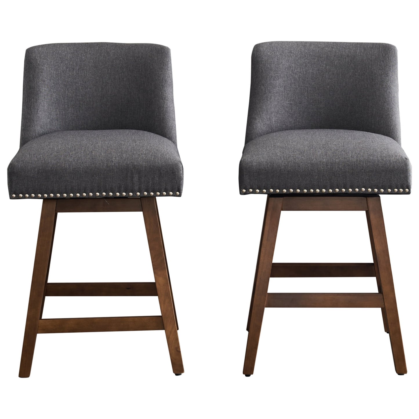 26in Swivel Bar Stools Set of 2, Counter Height Barstools with Nailhead Trims Back, Upholstered Bar Chairs with Wood Legs and Footrest, for Kitchen Island Bar Cafe, Gray