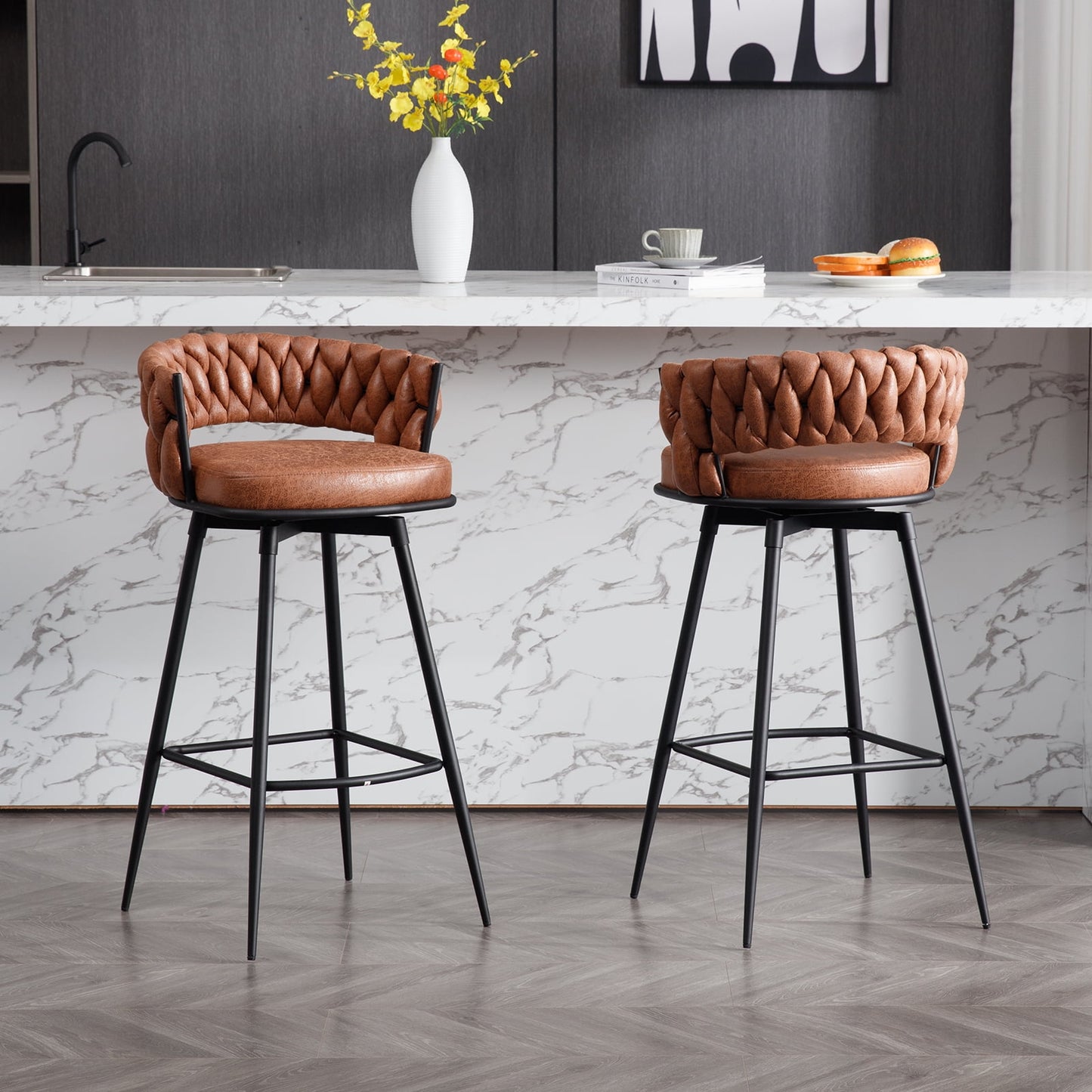 26in Barstool Set of 2, 180?? Swivel Upholstered Barstools, Counter Height Bar Stool with Woven Back and Footrest, Suede Fabric Bar Chairs for Kitchen Island Restaurants, Whiskeybrown