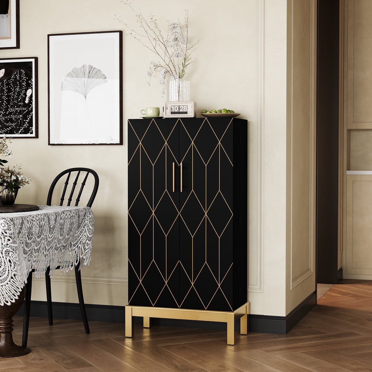 CBJCBJ 45in H Modern Kitchen Pantry Cabinet with 2-Door Adjustable Shelves and Golden Feet, White