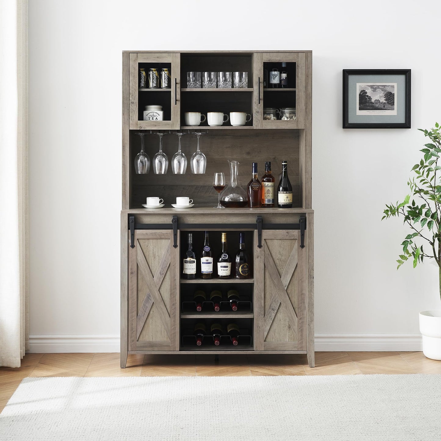 2024 New Farmhouse Coffee Bar Cabinet with Sliding Barn Door, 72in Tall Buffet Cabinet with Storage Shelves, Liquor Cabinet with Wine and Glasses Rack,Sideboard Cupboard for Kitchen,Dining Room