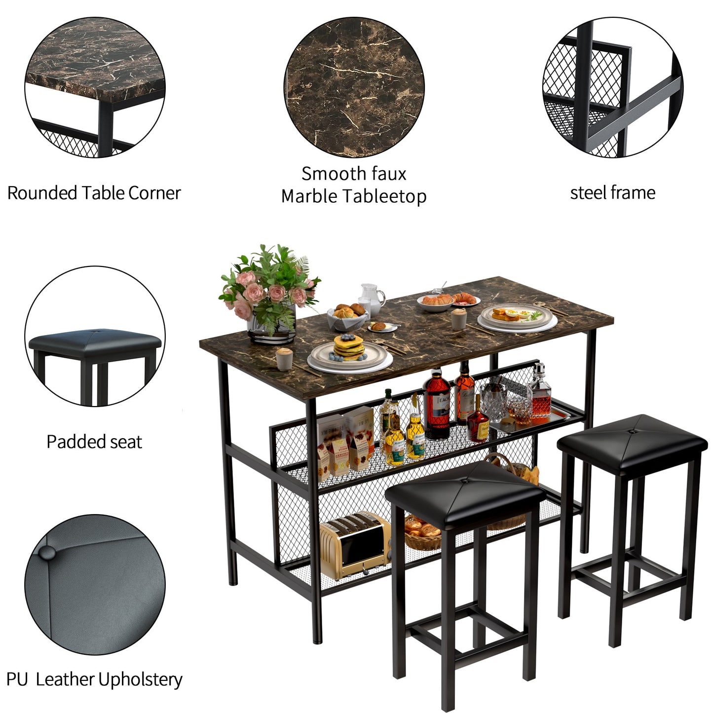 Dining Table Set for 2, Counter Height Bar Table Set with Faux Marble Top, 3-Piece Kitchen Island Set with 2 Stools and 2-Tier Shelves, Pub Dinette Set for Small Spaces, Brown, L0329