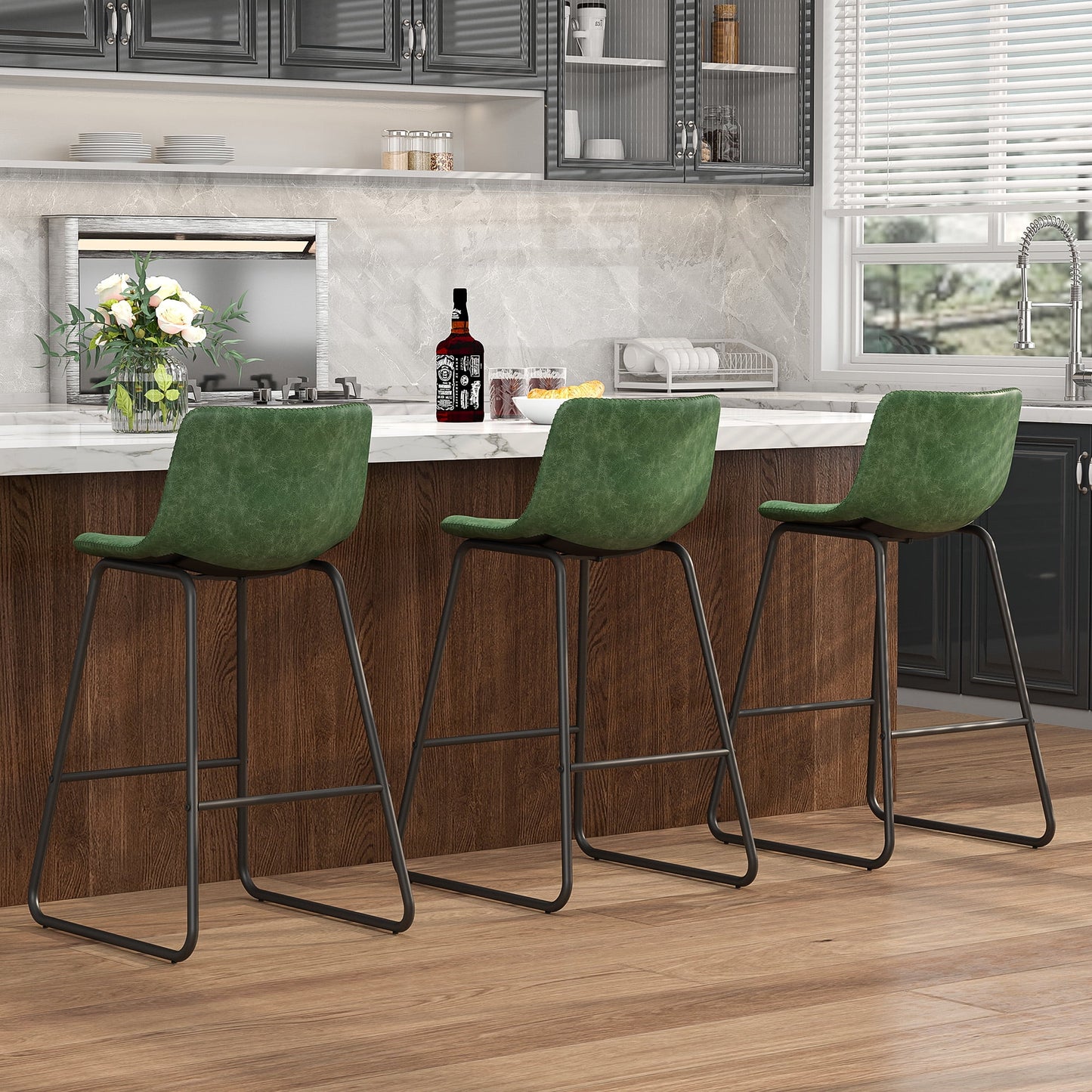YaFiti Bar Stools 26in Faux Leather Counter Height Barstools with Back Set of 3, Modern Counter Stools with Metal Legs and Footrest, Armless Chairs with Back for Kitchen Living Room Pub, Green