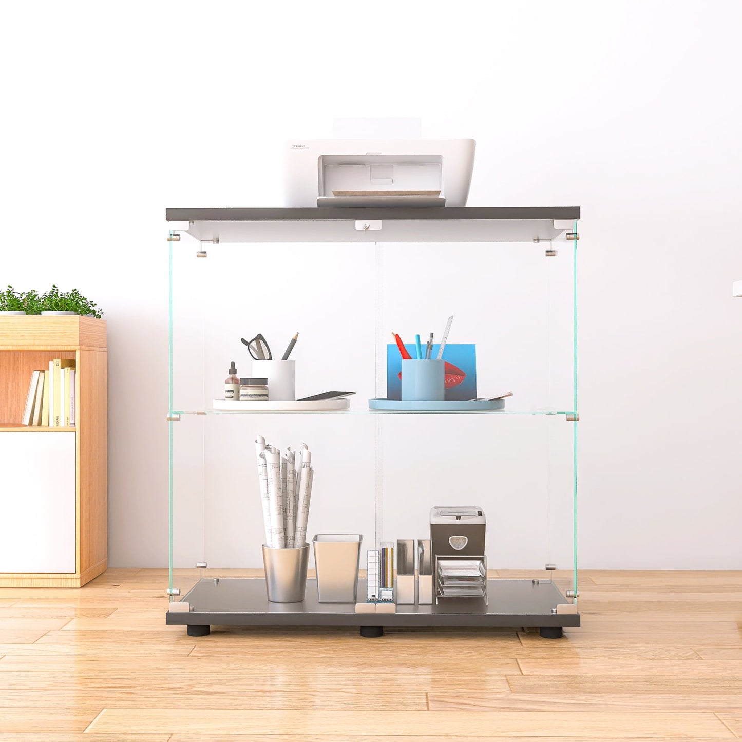 2-Tier Glass Display Cabinet with Double Doors, Standing Tempered Glass Display Shelf for Collectibles, Floor Standing Bookshelf for Living Room, Office, Black