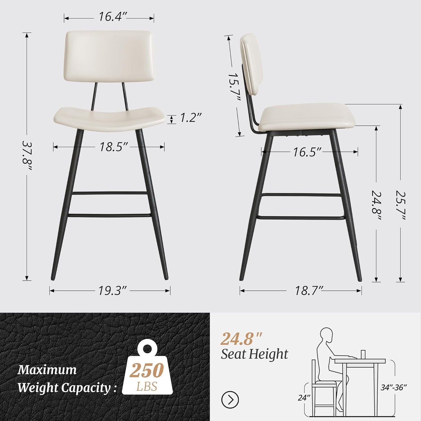 Dycanpo 24.5in Counter Height Bar Stools Set of 4, Faux Leather Upholstered Barstools, White