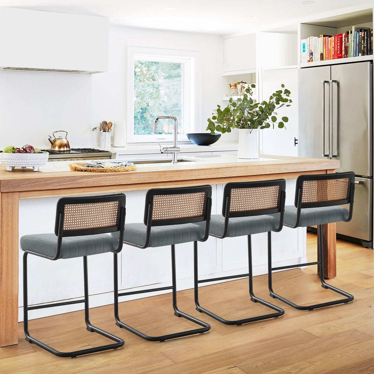 26in Rattan Counter Height Bar Stools, Set of 2, Velvet Armless Bar Stools with Cane Back Mid Century Modern Chair for Home Office Kitchen Island