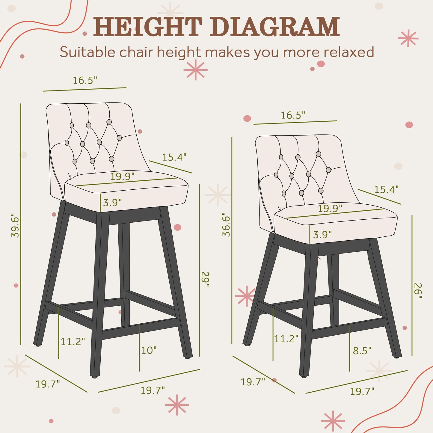 TEWLOSS Swivel Bar Stools Set of 2 Linen Fabric Barstools for Kitchen Island (29in , Beige)