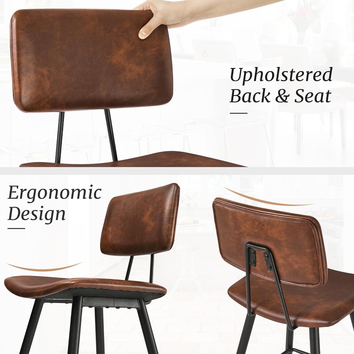 Dycanpo 24.5in Counter Height Bar Stools Set of 3, Faux Leather Upholstered Barstools, Red Brown