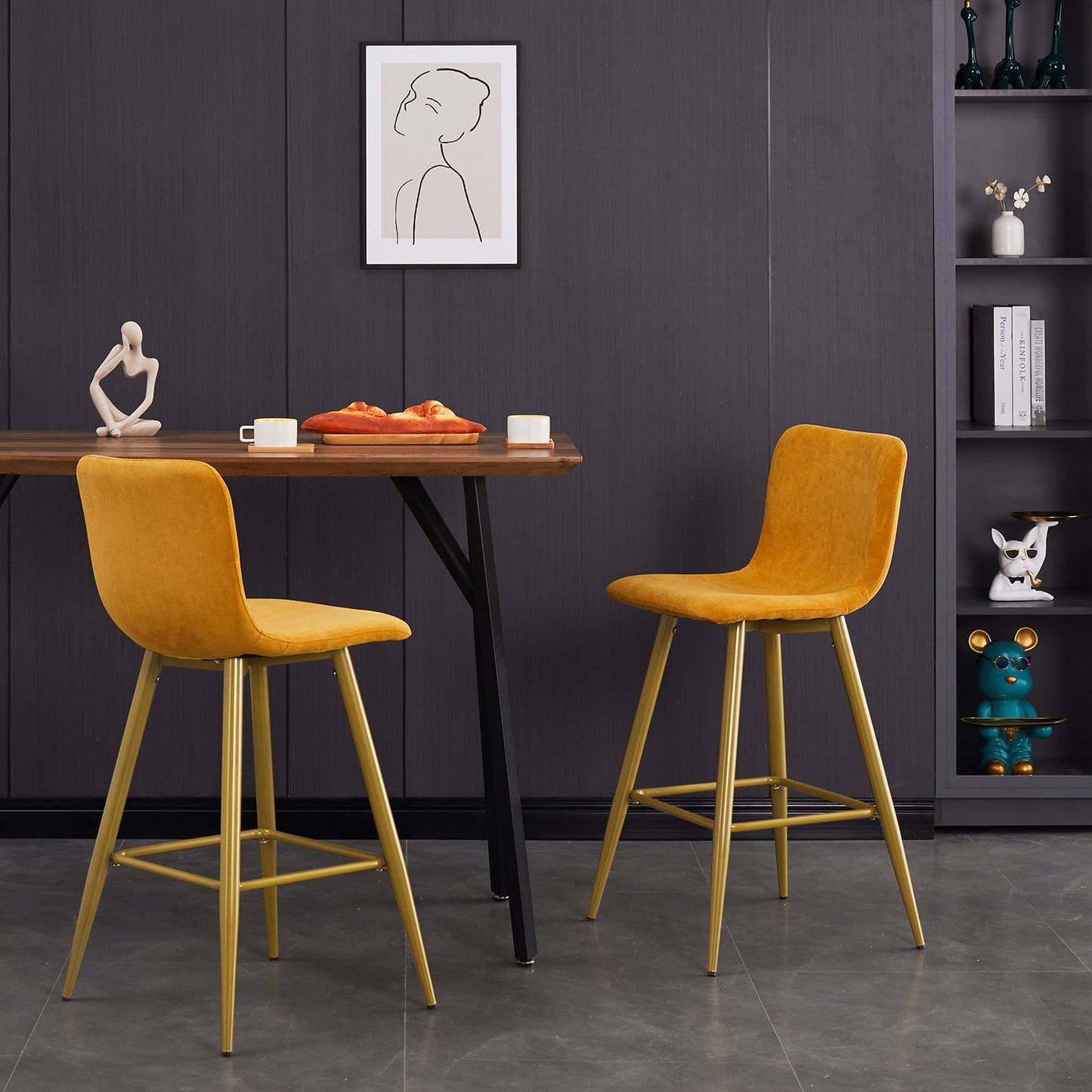 26 in. Upholstered Metal Frame Counter Stool with Fabric Seat (Set of 2),Yellow