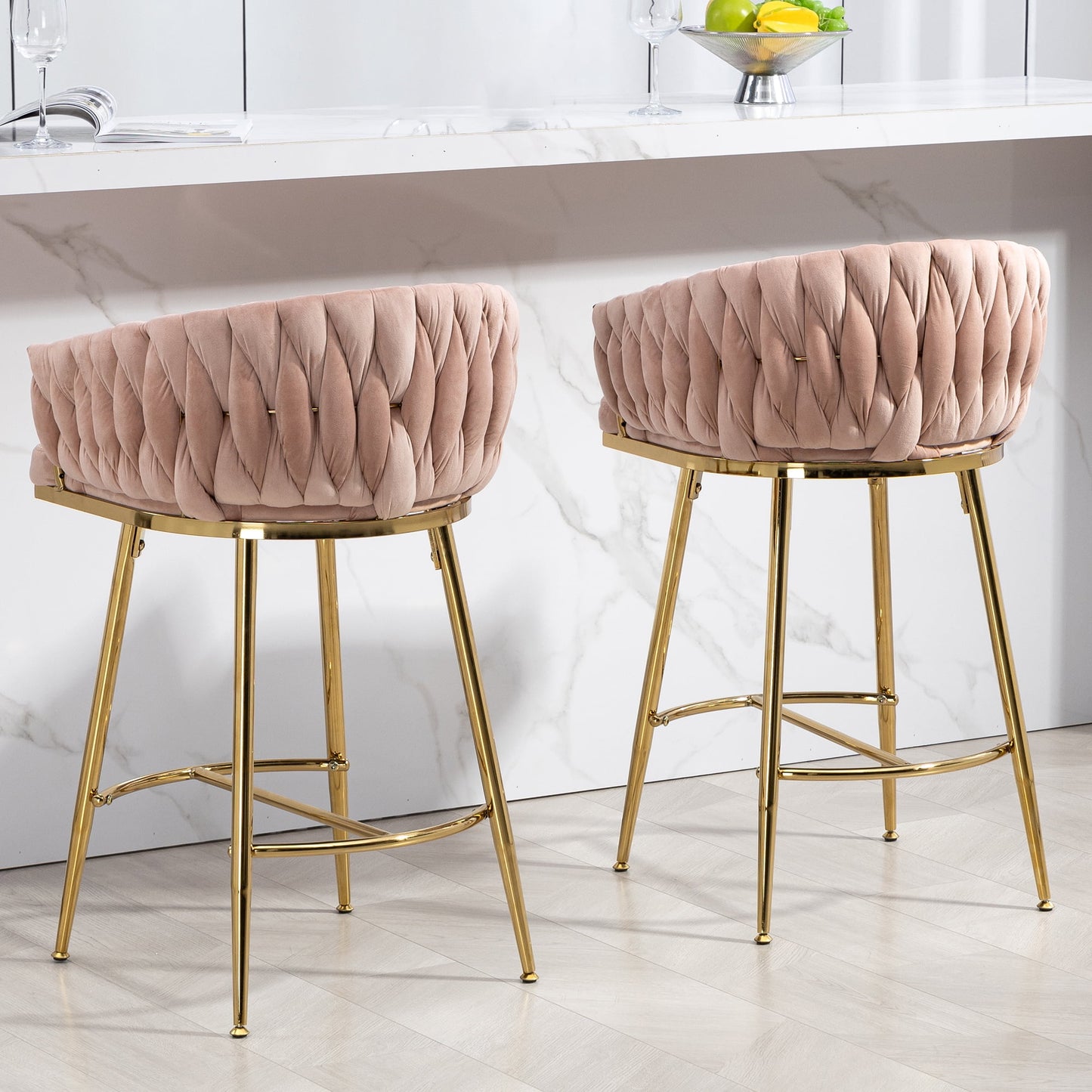 26in Counter height bar stools velvet kitchen island counter bar stool with hand- wave back,golden chromed base and footrest