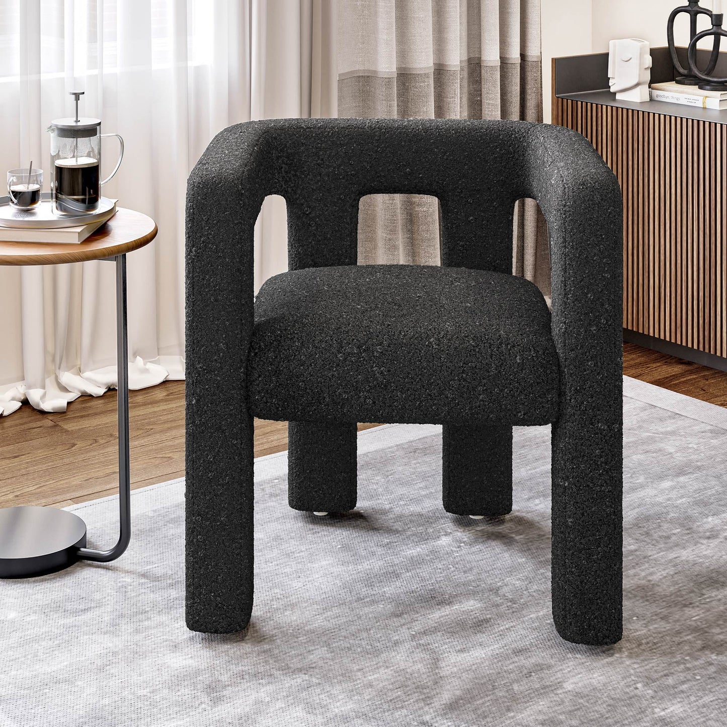 BELLEZE Modern Boucle Chairs Set of 4, Linen Dining Chairs with Barrel Sidearms and Back, Minimalist Upholstered Kitchen Armchairs for Dining Room - Lisbon (Black)
