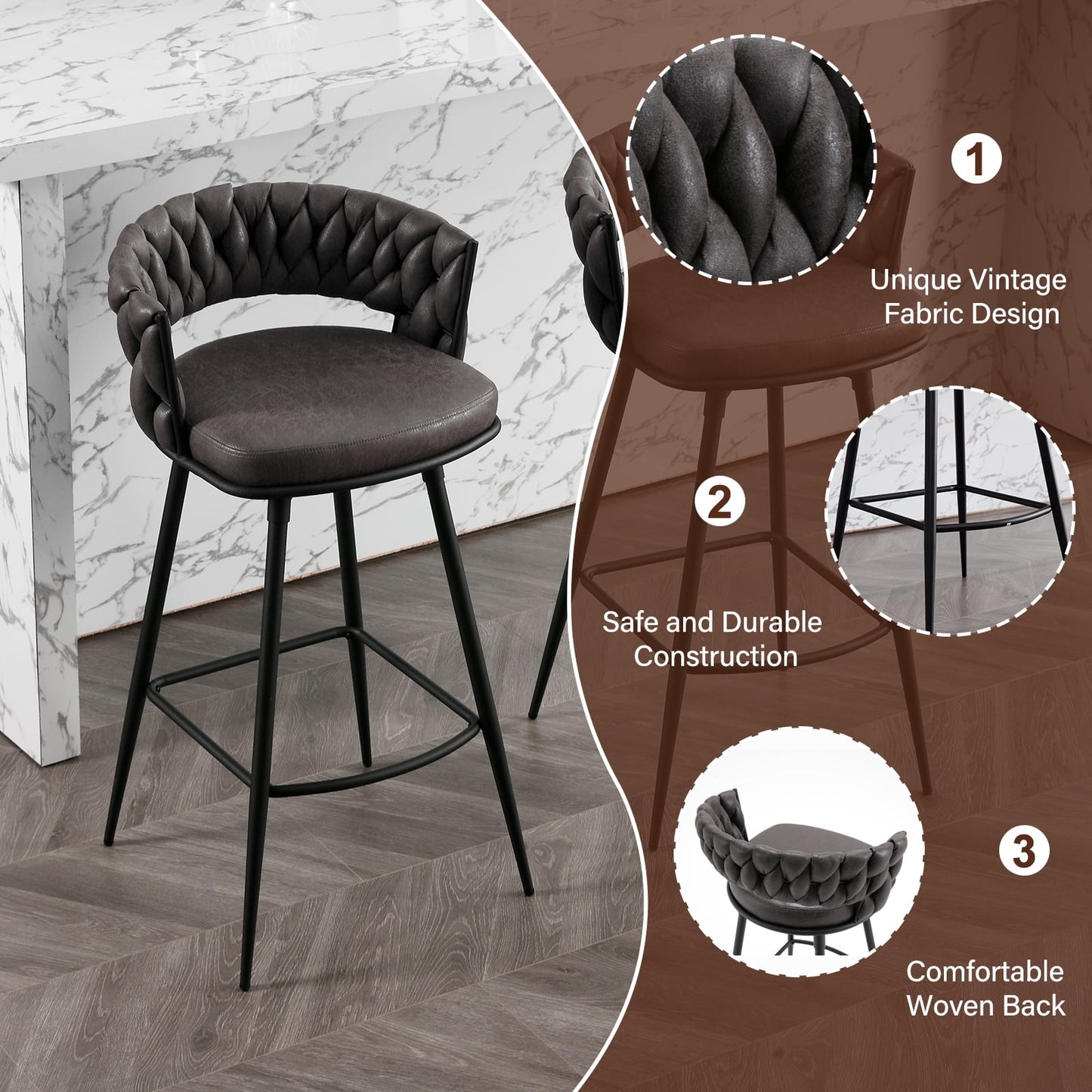 26in Bar Stool Set of 2, Modern Counter Height Barstools with Woven Back and Footrest, 180?? Swivel Suede Fabric Stool Chairs for Kitchen Island, Cafe, Pub, Blackgray