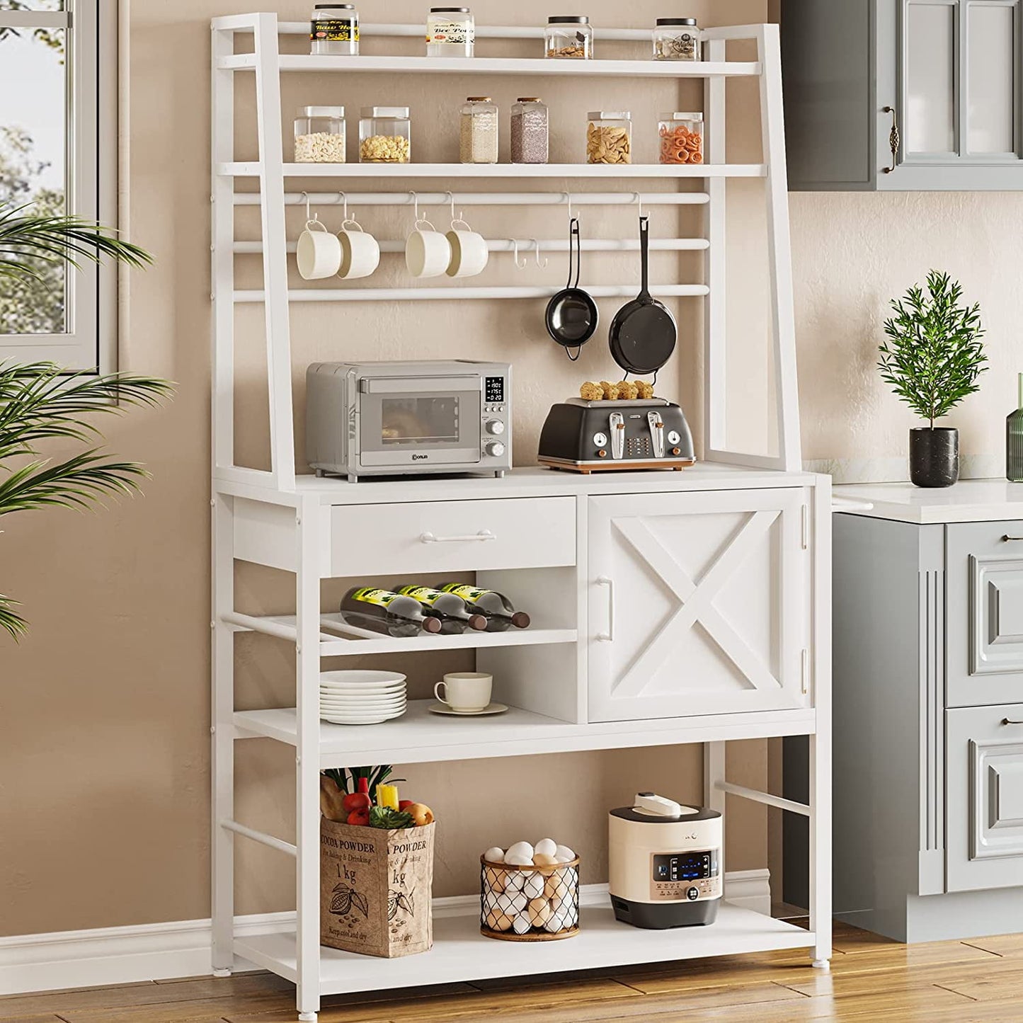 DICTAC Baker's Rack: Kitchen Stand with Microwave Storage, Cupboard, Wine Rack, Drawers, in White